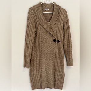 Calvin Klein size L beige Cable Knit Sweater Dress Faux Wrap with side buckle